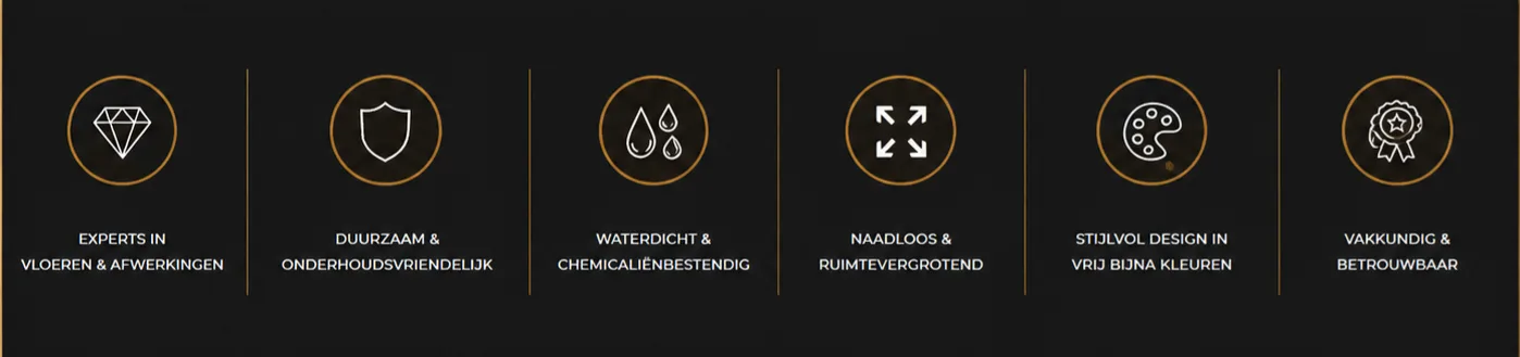 Experts in vloeren en afwerkingen, duurzaam en onderhoudsvriendelijk, waterdicht en chemicaliënbestendig, naadloos en ruimtevergrotend, stijlvol design in vrijwel elke kleur, vakkundig en betrouwbaar